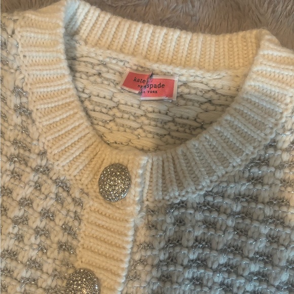 XL Kate Spade Jewel Button White & Silver Striped Cardigan Sweater - Picture 3 of 5